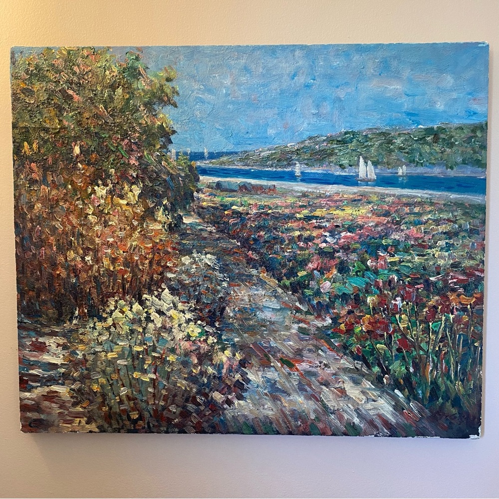 Original Landscape Oil Painting 1976 Impressionist Sailboat River Flowers Colors